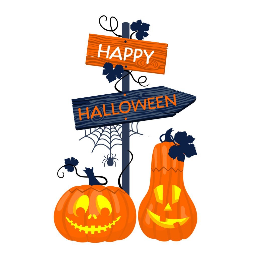 Pumpkin lanterns with a wooden pointer and a HAPPY HALLOWEEN greeting.